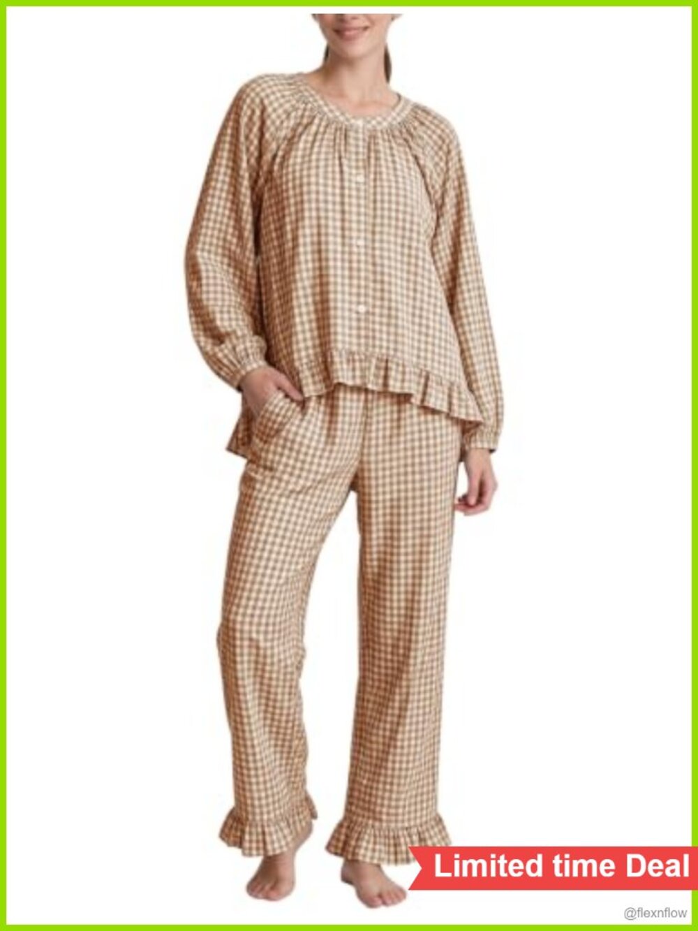 Women's 100% Cotton Gingham Pajama Set Button Down Ruffle Trim